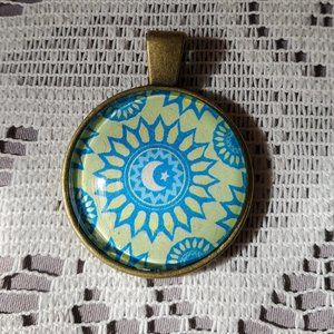 Blue & Yellow Flowers & Moon Pendant - Handmade